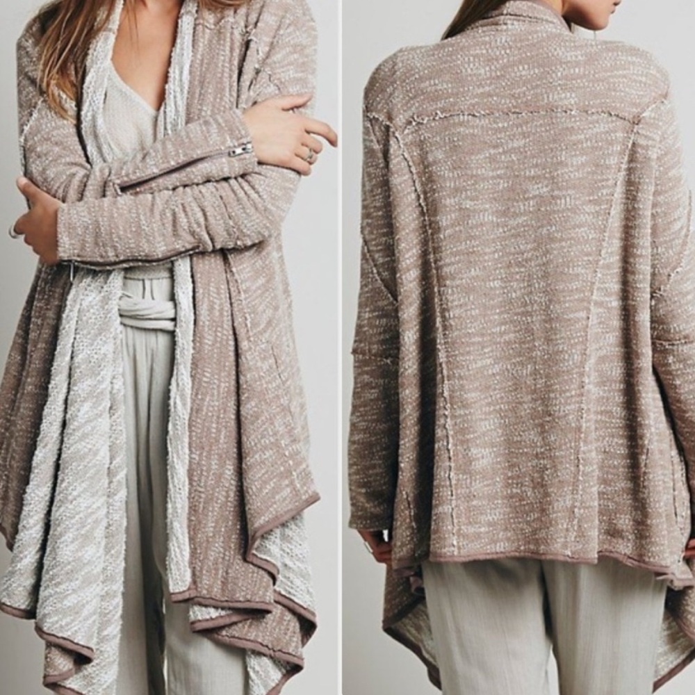 Free People Taupe & Cream Draped Open Cardigan
